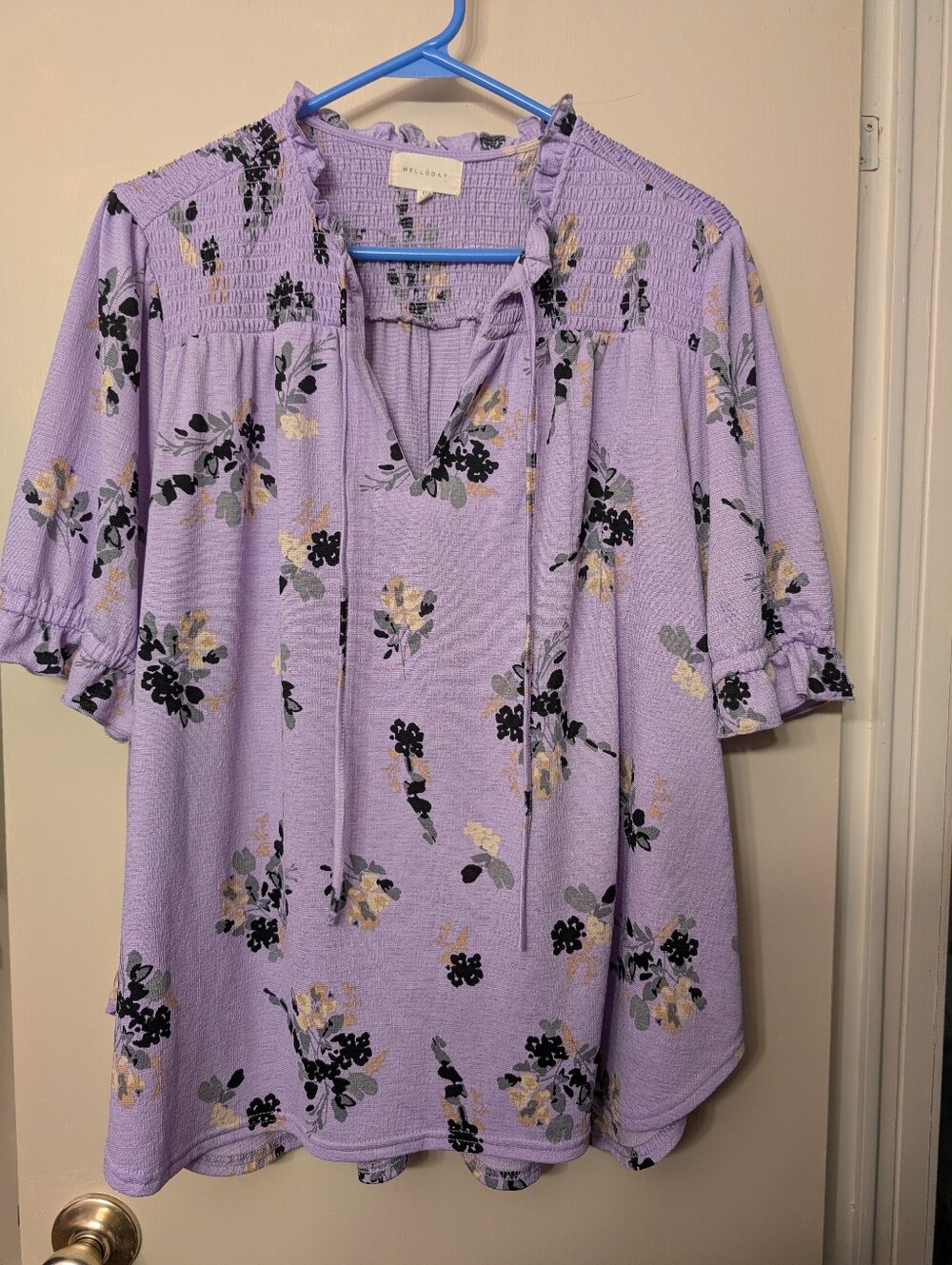 MELLODAY Lavender Floral Tie-Front Peasant Tunic